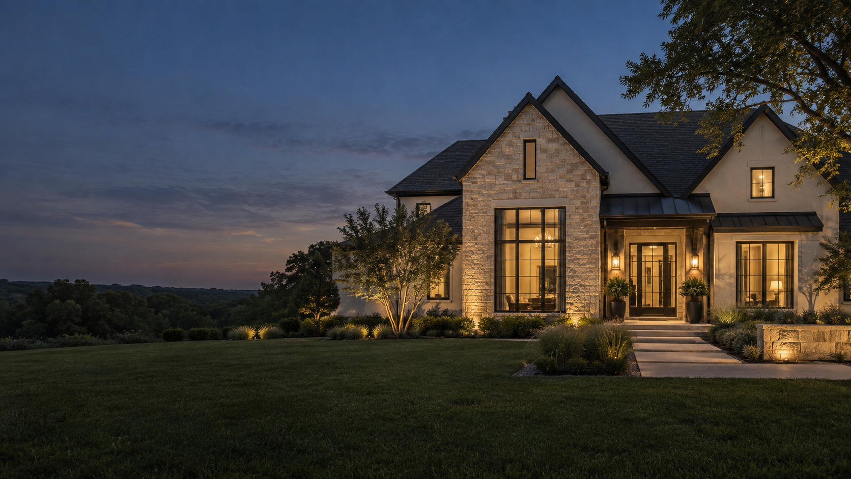 Beautifully renovated North Texas home at dusk with warm interior light.